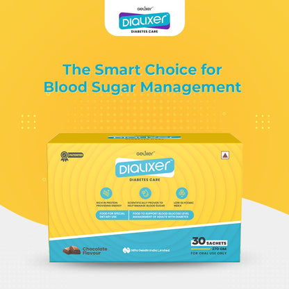 Dialixer for Diabetes Care. Patented, scientifically designed protein formula to help manage blood sugar. (Chocolate flavour) 270 gm - 9 gm each in 30 Sachets